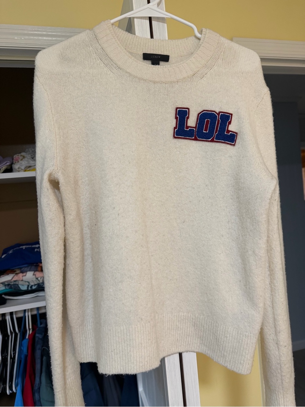 J. Crew Cream Crewneck Sweater with 'LOL' Patch